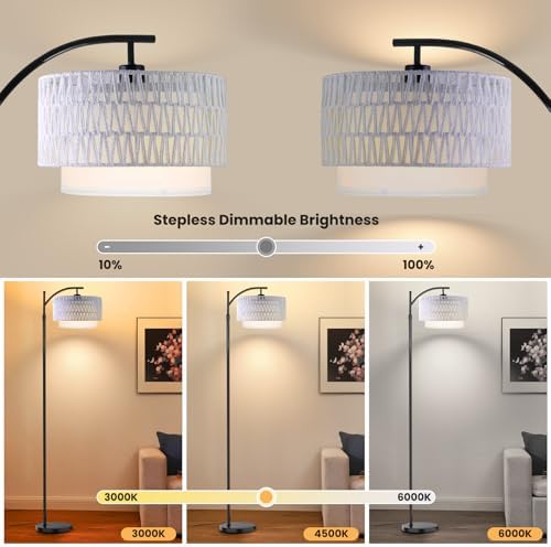 Yusist Arc Floor Lamp for Living Room,Farmhouse Floor Lamps with Remote Control & Dimmable Bulb,White Rattan Boho Tall Standing Lamp for Bedroom Office - Image 2