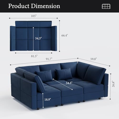 Vesgantti 92" 6 Seats Modular Sectional Sleeper Sofa with Storage, Blue - Image 2
