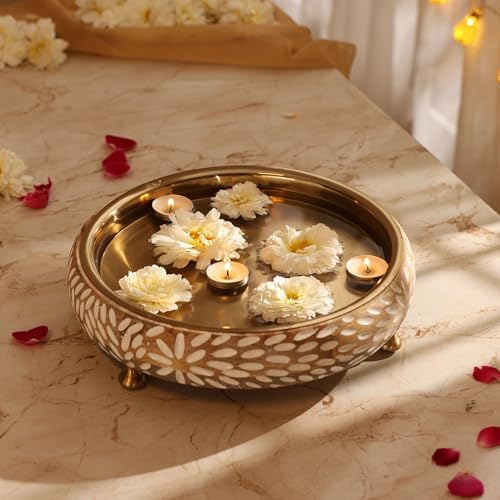 RITUALISTIC Vrinda Handcarved Wooden Urli Bowl (11.5 inches) | Mango Wood with Floral Sacred Carving & Detachable Legs | Floating Candles, Flowers & Festive Décor | Diwali Housewarming Premium Gift by Ritualistic