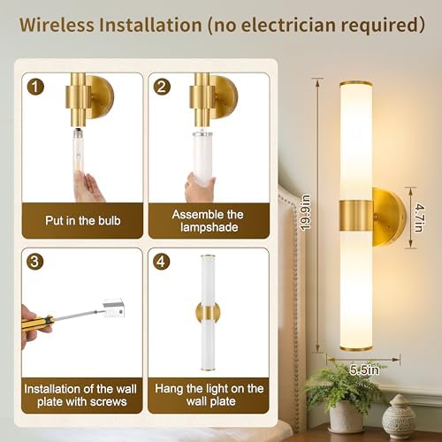 Gold Battery Operated Wall Sconces Set of 2 with White Glass Lamp Shade - Image 5