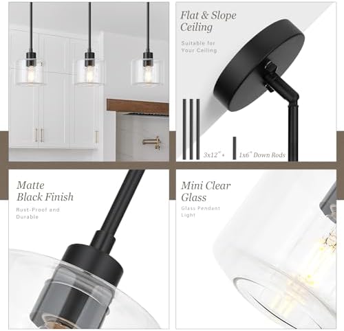 Black Pendant Lights Kitchen Island 2 Pack, Modern Clear Glass Hanging Light Fixtures with Rods, Mini Kitchen Pendant Lighting Over Island for Sink Bathroom, OS-YQ8153-2PBKC - Image 2