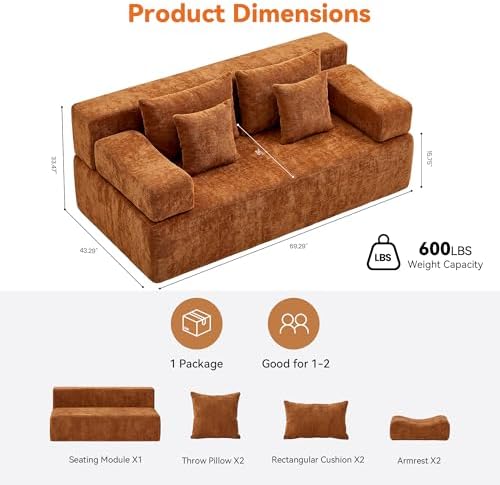 MONVANE 70" Modular Sectional Sofa, Boneless Loveseat, Orange - Image 2
