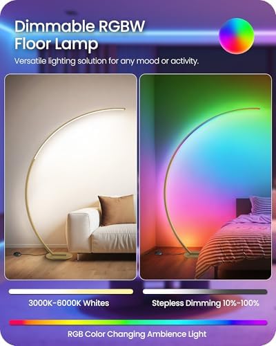 75" RGBW Gold Corner Lamp, Dimmable Arc Floor Lamp with Remote, Curved Lamp - Image 4