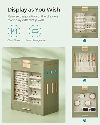 SONGMICS 5-Layer Jewelry Box with Glass Window, 3 Side Drawers - Image 3