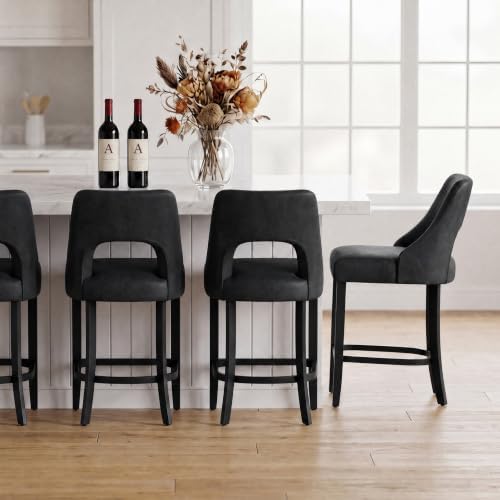 UVV Bar Stools Set of 2, Modern Upholstered Counter Height Bar Stools, Faux Leather Counter Stools BarStools with Wood Legs for Kitchen Island Dining Room Bar, Black - Image 6