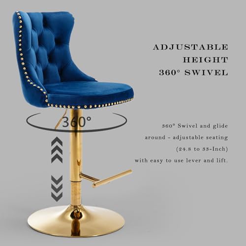 SoarFlash Velvet Bar Stool Set of 6, Adjustable Swivel Bar Stools with Gold Plated Metal Leg, Button Tufted, Footrest, Chrome Nailhead, Counter Height Chair for Kitchen, Bar, Dining Room (Blue) - Image 4