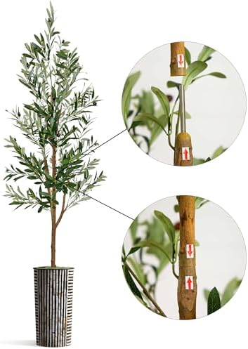 Artificial Tree in Black and Brown Striped Planter, Fake Olive Silk Tree for Indoor and Outdoor Home Decoration - 68" Overall Tall (Plant Pot Plus Tree) - Image 6