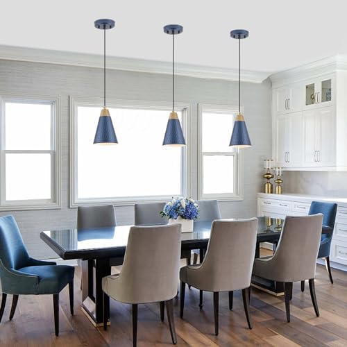 Dijiahua Blue Kitchen Pendant Lighting Over Island 3 Pack,Small Modern Farmhouse Chandeliers Navy Hammered Metal Shade,Mini Vintage Adjustable Cord Hanging Ceiling Lamp Fixtures Over Sink - Image 3