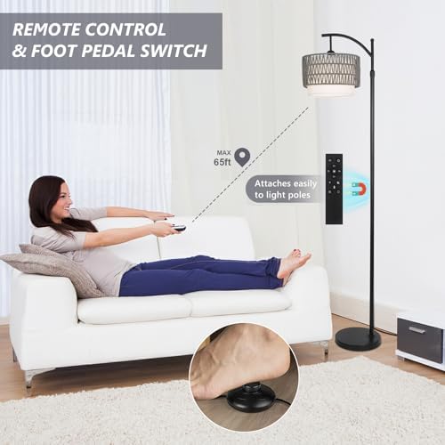 eyassi Floor Lamps for Living Room, Arc Standing Lamp with Remote & Dimmable Bulb, Boho Rattan Floor Lamp for Bedroom with 3 Color Temperatures, Farmhouse Tall Lamp, Height Adjustable Stand up Lamp - Image 5