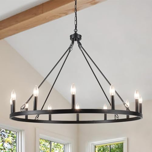 Wagon Wheel Chandelier 12 Light 38" Large Black Farmhouse Chandelier for Dining Room Rustic Country Pendant Light Fixtures Hanging Modern Round Chandeliers for Living Room High Ceilings Foyer Entryway by MRHYSWD
