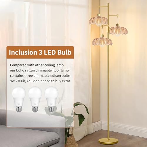 Dimmable Floor Lamp for Living Room Bedroom-3 Light Gold Floor Lamp with Glass Lampshape, Flower Tall Lamp Mid Century Modern Standing Lamp Glass Tree Floor Lamps for Living Room Bedroom,Corner - Image 4