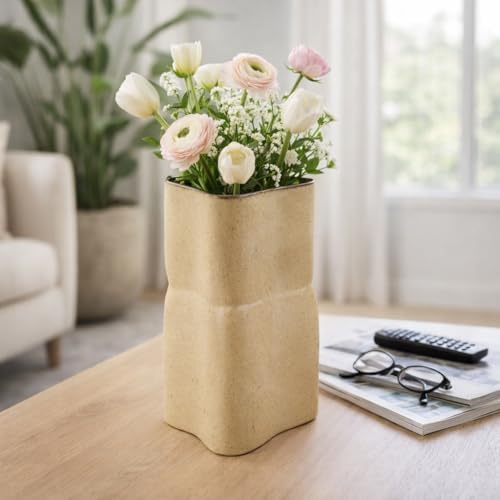 Modern Hourglass Vase for Home Decor - Ceramic Earthenware for Bathroom, Bedroom, Kitchen, and Living Room Styling - Flower Pot Accent for Office Shelf, Console, and Mantel Display - 12", Tan by NESSANDJORD