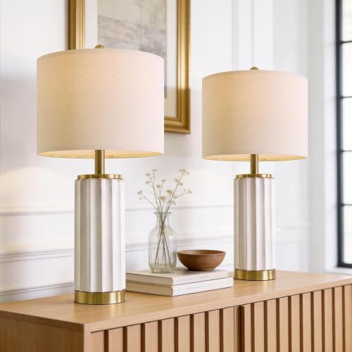 USumkky 25.75" Off-White Ceramic Table Lamp Set of 2, Mid Century Modern Bedside Nightstand Lamps for Bedroom Living Room, Linen Shade & Gold Metal Base, Rotary Switch E26 (Bulbs Excluded) - Image 3