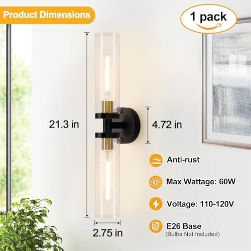 Indoi Black and Gold Wall Sconce, Hardwired Bathroom Sconces Wall Lighting with Clear Glass, Modern Sconces Wall Light fixtures for Bathroom Mirror Living Room Hallway Bedroom - Image 4