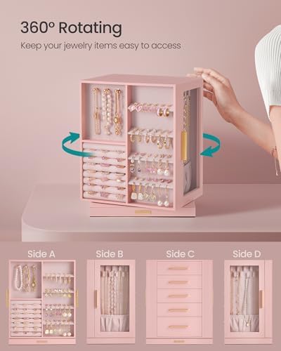 SONGMICS Jewelry Box Organizer, 360° Rotating, 5 Drawers, Jelly Pink - Image 3