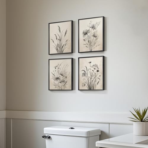 Framed Vintage Floral Botanical Wall Art for Bathroom, 4 Piece 8x10 In by Cuspin
