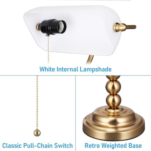 TORCHSTAR Ivory White Glass Bankers Desk Lamp with Pull Chain, E26 Base - Image 3