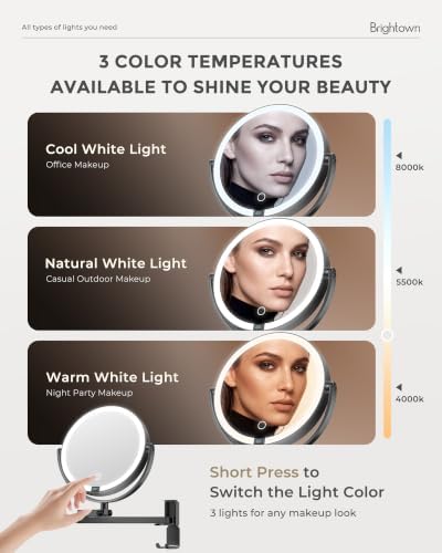 Brightown 8" Wall Mounted Makeup Mirror with Lights & Magnification 1X/10X - Image 3