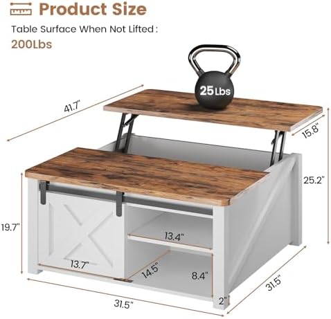 SEDETA 31.5" Lift Top Coffee Table with Storage, Square Coffee Tables for Living Room, Farmhouse Coffee Table with Large Hidden Storage Compartment and Adjustable Shelves, White - Image 2