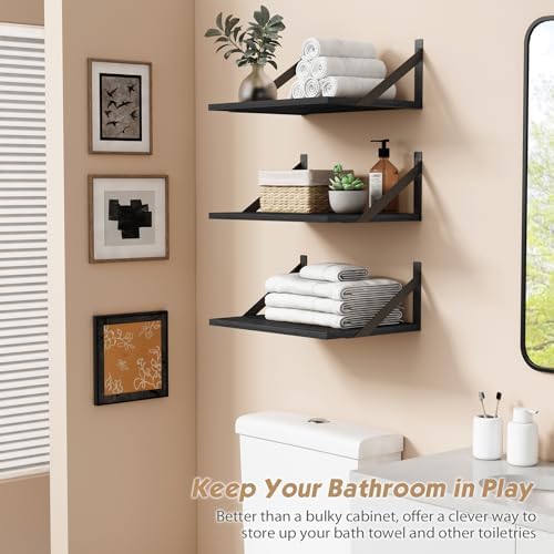Forbena 12 Inch Deep Floating Shelves for Wall, Wide Black Wall Mounted Shelves for Bedroom Office Books Plants, Large Hanging Shelf for Living Room Bathroom Kitchen Closet Pantry Storage (3-Pack) - Image 4