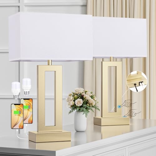 Seealle Nightstand Table Lamps for Bedrooms Set of 2 - Touch Bedside Lamp with USB C+A, 3 Way Dimmable Living Room Lamps for End Tables Set of 2(White&Gold) - Image 2