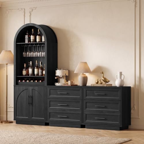 Fatmok Modular Coffee Bar with LED Lighting,Charging Station,Arched Wooden Buffet Sideboard,Modern Liquor&Wine Display Storage Cabinet for Living Room,Black Grey(FEE,3-Piece) by Fatmok