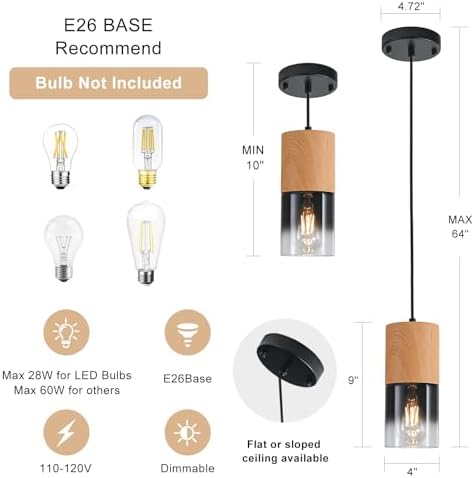 3-Pack Modern Pendant Lights for Kitchen Island, Adjustable Black Pendant Light Fixtures with Raw Wood Grain, Industrial Glass Pendant Lights for Dining Table Hallway Bedroom Living Room - Image 3