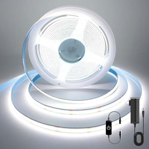 COB LED Strip, 16.4ft White LED Strip Light, Dimmable LED Light Strip 6000K Bright Daylight White, CRI92+, 8mm Width, 24V Flexible LED Tape Light for TV, Bedroom, Kitchen Cabinet, Closet, Home. by AUZIWECOBLEDStripLights