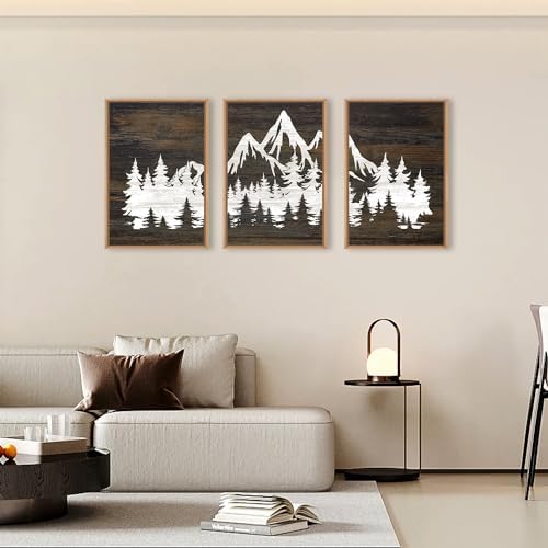 LHIUEM Large Mountain Tree Framed Canvas Wall Art Set,Modern White Forest Art Printing Country Minimalist Wood Wall Decor Farmhouse Zen Artwork for Living Room Bedroom Office-16 x24 x3 - Image 3