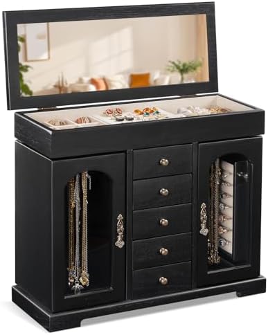 Miratino Jewelry Box for Women Girls, Wooden Jewelry Organizer Box with Mirror, 5 Layer Jewelry Storage Case Display for Necklaces Earrings Rings Bracelets Valentine's Day Gifts by Sayhellotogoodlife