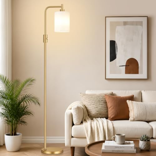 【Upgraded】 Dimmable Floor Lamp for Living Room with Opal Glass Lamphade, Gold Modern Glass Floor Lamp with 900LM LED Bulb Included, Arc Standing Tall Lamp for Bedroom, Office, Reading Room, Corner by Yemela
