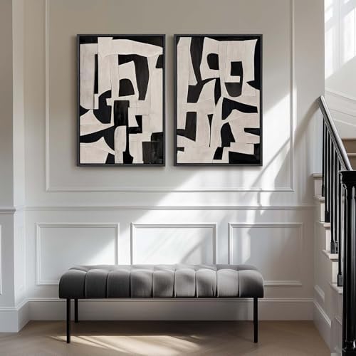 Large Framed Black and Beige Abstract Wall Art, Set of 2 Piece Minimalist Canvas Paintings Artwork for Walls, Modern Art Prints Pictures for Living Room Hallway Dining Room Bedroom Office Wall Decor - Image 4