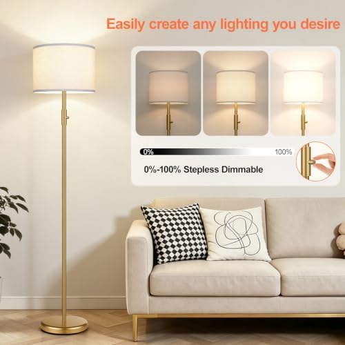 【Upgraded】 Dimmable Gold Floor Lamps for Living Room, 9W LED Bulb Included, Modern Standing Lamp with White Lamp Shade, Tall Pole Light for Bedroom Reading Office Corner Nursery - Image 3