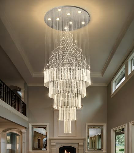 HAIXIANG W24 x H78 Crystal Glam Chandelier Long Light Chandeliers with Dimmable Light Bulbs High Ceiling Light Fixtures for Foyer Entryway Living Room Stair Silver by HAIXIANG