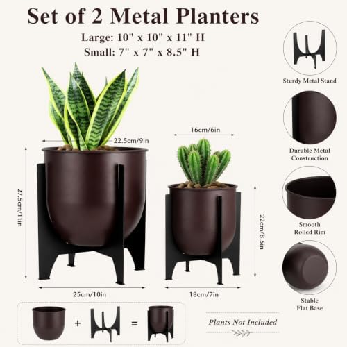 TRIROCKS Set of 2 Planters with Stand Indoor Outdoor Metal Plant Stand 16 &8" H Modern Planters Flower Pots for Living Room Corner Kitchen Office Garden Balcony Patio Decor - Image 3