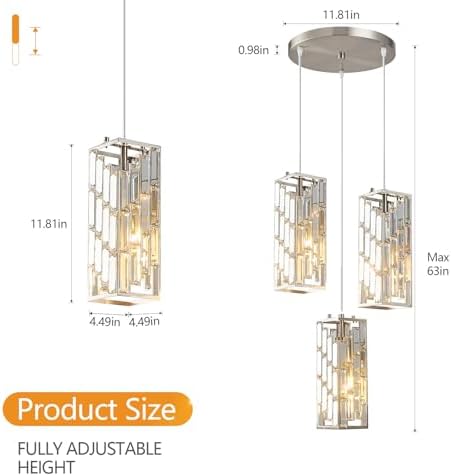Brushed Nickel Pendant Lighting Modern Pendant Light, Mini Crystal Chandeliers,Adjustable Pendant Light Fixture for Kitchen Island Dinning Room Bedroom (3 Light) - Image 3