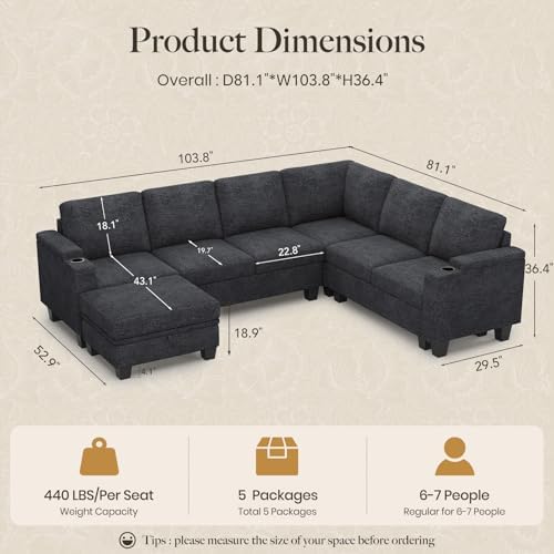 Belffin Chenille Modular Sectional Sofa Convertible L Shaped Corner Couches for Living Room with Storage Armrest with Cup Holder Dark Grey Couch - Image 2