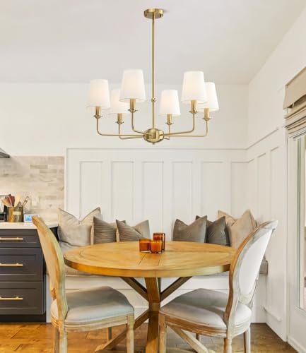 6-Light Brushed Gold Pendant Chandelier with Fabric Shades, E12 Base - Farmhouse & Industrial Style for Kitchen, Living Room, Dining Room, or Bedroom Lighting - Image 2