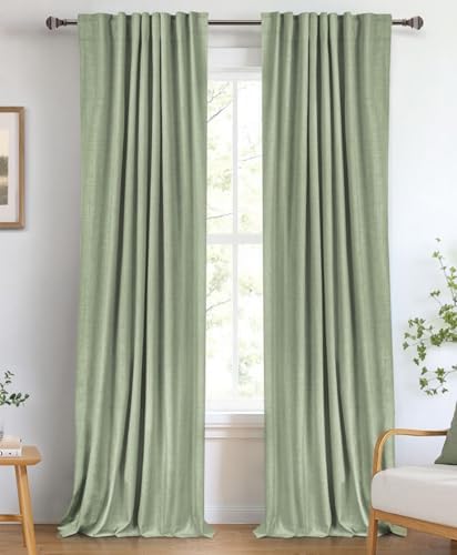 Linen Textured Total Blackout Curtains for Bedroom 84 Inches Long, Sage by 100BlackoutShield