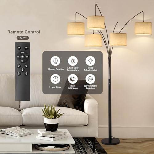 Bright Floor Lamp, Remote Control, Beige Shade Black Pole - Image 3