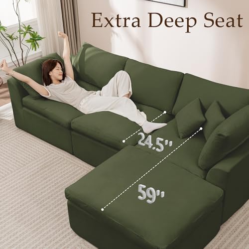 Korser 110" Cloud Sectional Couches for Living Room, Modern Modular Sectional Sofa with Ottoman, Boneless Cloud Couch with Comfy Deep Seats, Fluffy Chenille L-Shape Sofa Couch for Living Room, Green - Image 4