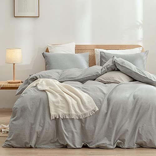BESTOUCH Cotton Solid Duvet Cover Set Linen Feel Light Grey Oversized King by BESTOUCH