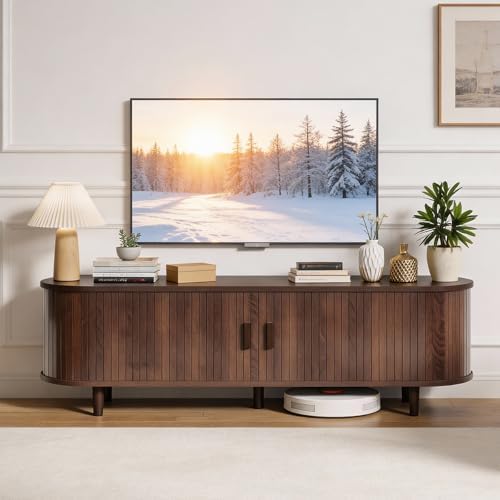 58" Mid Century Modern TV Stand, Wood TV Consoles with Sliding Doors and Power Outlet, Entertainment Center with Adjustable Shelves, Fluted TV Stands for Living Room, Walnut - Image 2