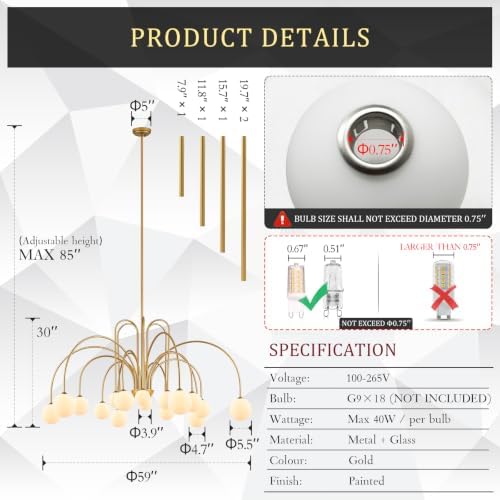 CATINER Modern 59" 18-Light Gold Sputnik Chandelier with Milk Glass Globe - Image 3
