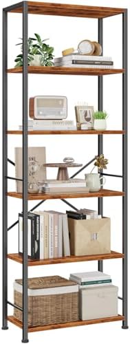 Furologee 6 Tier Bookshelf, Wide Metal Bookcase, Rustic Brown by Furologee