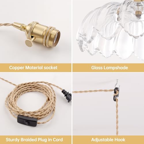 Shenmoyl Plug in Pendant Light Hanging Light Fixtures with Plugin Cord On/Off Switch,Clear Scindapsus Glass Lampshade Brass Pendant Light - Image 5
