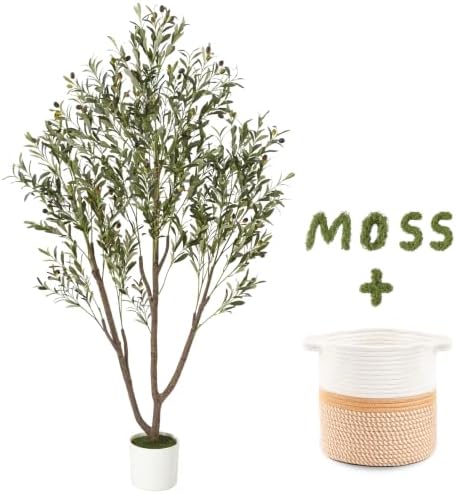 Olive Trees Artificial Indoor, 6FT Tall Faux Olive Tree with Planter & Basket, Artificial Plants with Natural Wood Trunk and Lifelike Fruits for Home Office Decor by Waipfaru