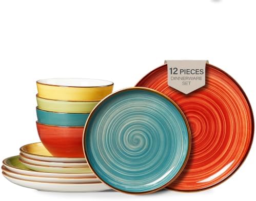 ONEMORE Plates and Bowls Set 12 Pcs,Stoneware Dinnerware Sets for 4 Microwavable,Oven & Dishwasher Safe Porcelain,Scratch Resistant Dishes Set by ONEMORECeramics