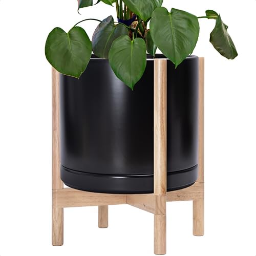 D'vine Dev Ceramic Pot with Natural Wood Stand, Black, 14 in, 55-B-R-2 by DvineDevPlanterPotsandStand