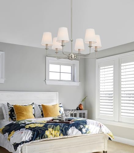 6-Light Brushed Nickel Chandelier with White Fabric Shades, E12 Base Modern Farmhouse Ceiling Light Fixture for Dining Room, Living Room, Bedroom, Kitchen, Foyer, Adjustable Hanging Rod. - Image 7